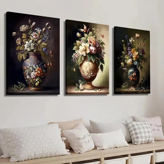 3pcs Artistic Painting of Flowers in Vase Wall Art Set Canvas Framed 40x60cm - High Quality Print 100% Australian Made Wall Canvas Ready to Hang