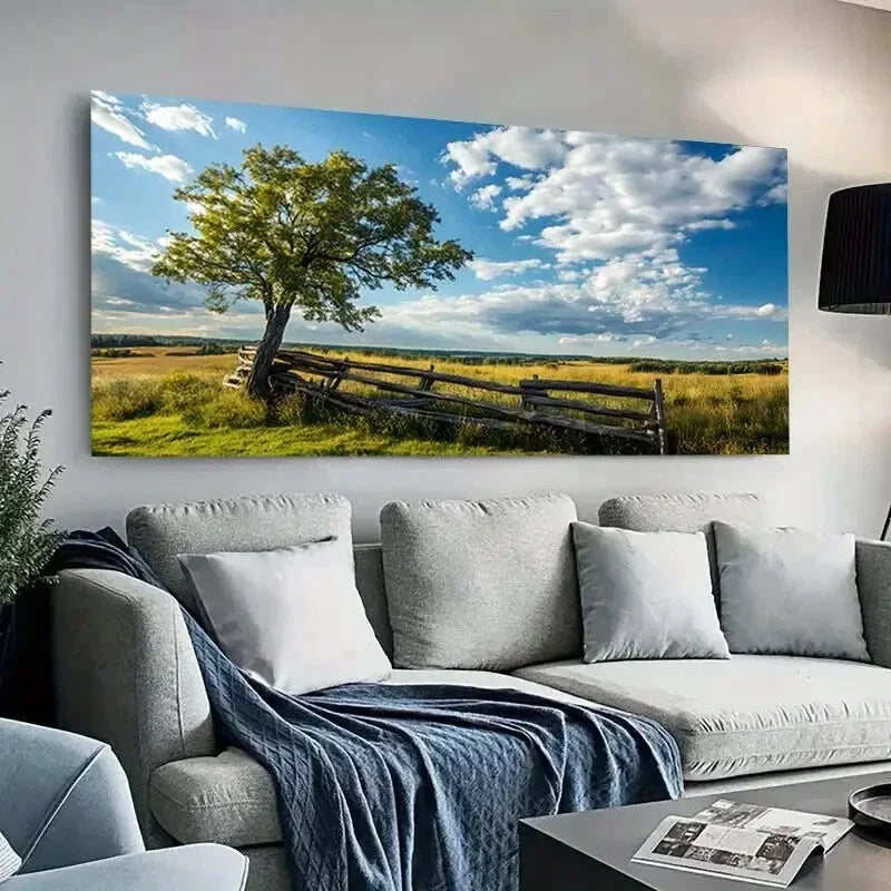 Wooden Fence & Tree Field wall canvas office home room framed 120x60cm