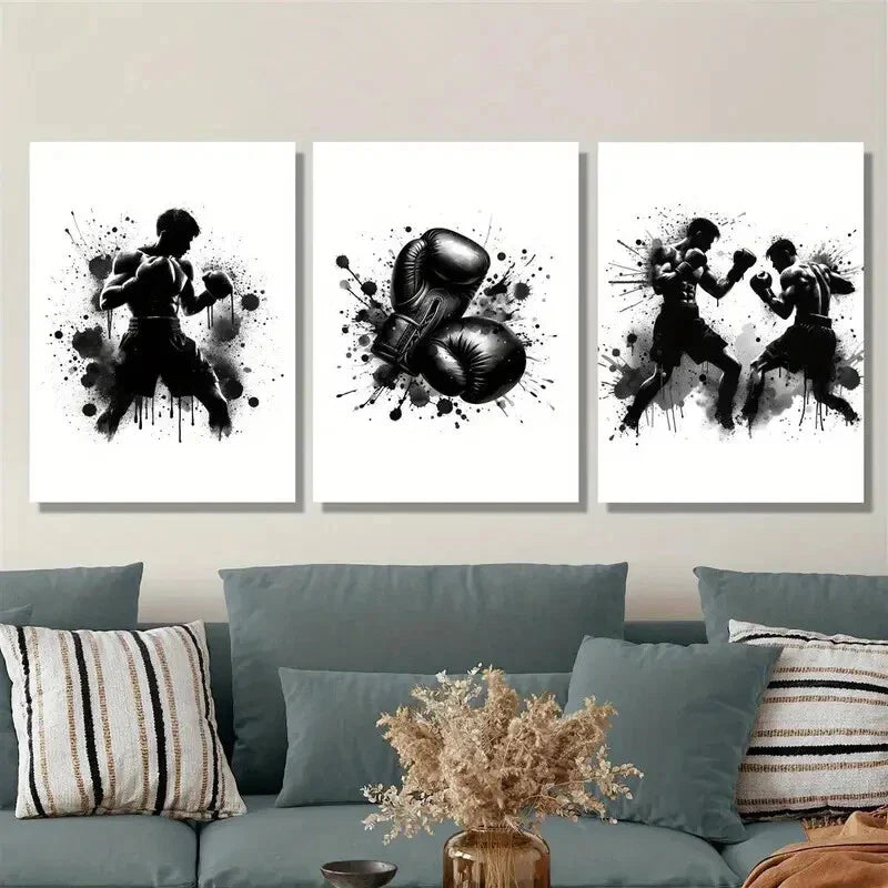 3pcs black and white boxing gloves poster, Metal Print Ready to Hang Art