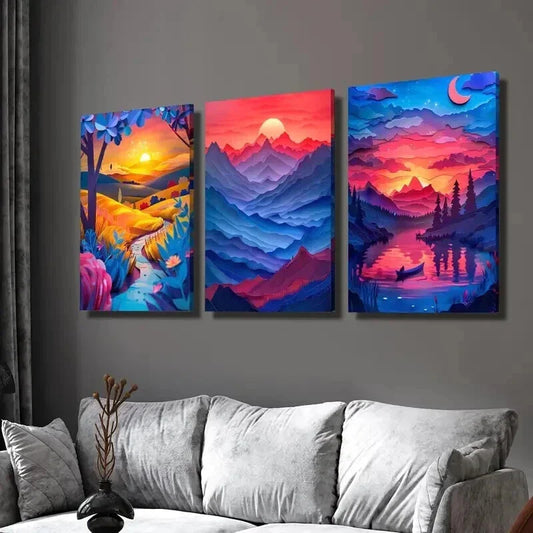 3pcs Rich Valley & Mountain Landscape at Sunset Wall Art Set Canvas Framed 40x60cm - High Quality Print 100% Australian Made Wall Canvas Ready to Hang