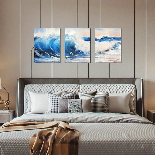 3pcs Blue Waves Ocean Beach Blue & White Metal Print Ready to Hang Art