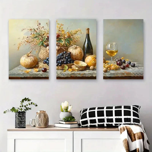 3pcs Autumn Still Life Grapes & Pumpkins Metal Print Ready to Hang Art