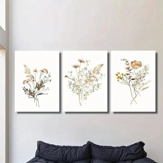3pcs Wildflower Bouquets in Golden &amp; Black Ink Metal Print Ready to Hang Art