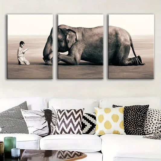 3pcs Elephant and Boy Cultural Poster Metal Print Ready to Hang Art