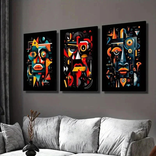 3pcs Geometric Human Face Illustration Wall Art Set Canvas Framed 40x60cm - High Quality Print 100% Australian Made Wall Canvas Ready to Hang