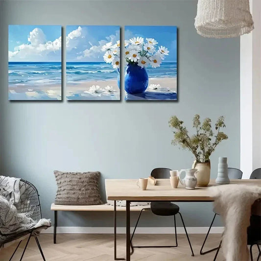 3pcs Ornamental Seaside Abstract White Vase Metal Print Ready to Hang Art