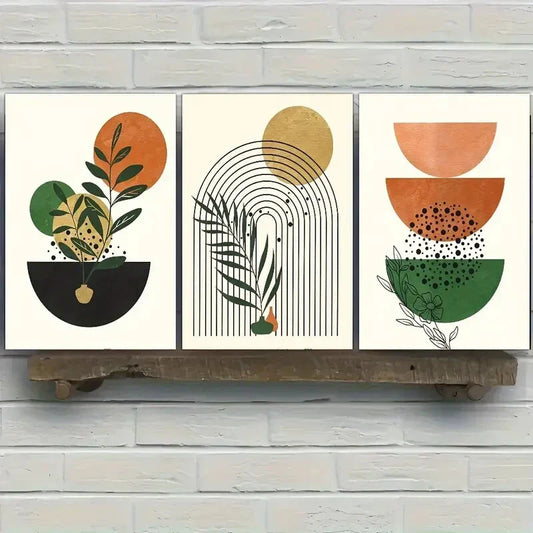 3pcs Flowers And Geometric Posters Modern Abstract Metal Print Ready to Hang Art