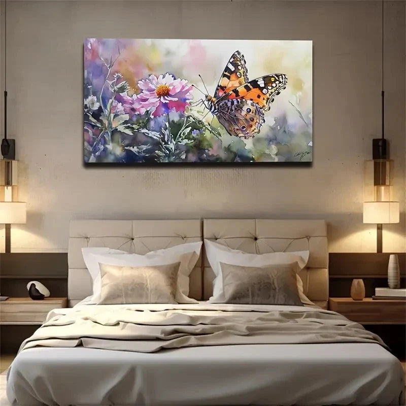 Butterfly On Pink Flowers Suit Wall Art Canvas Office Home Room Framed 80x45cm