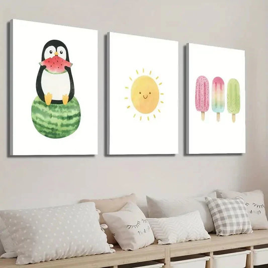3pcs Baby Penguin on Watermelon Summer Popsicle Wall Art Set Canvas Framed 40x60cm - High Quality Print 100% Australian Made Wall Canvas Ready to Hang