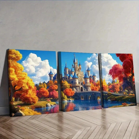3pcs Featuring a Stunning Fantasy Castle  Wall Art Set Canvas Framed 40x60cm - High Quality Print 100% Australian Made Wall Canvas Ready to Hang