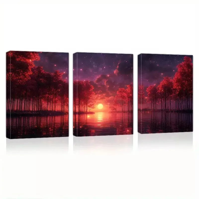 3pcs  Charming Lake Red Trees with Sunset View Wall Art Set Canvas Framed 40x60cm - High Quality Print 100% Australian Made Wall Canvas Ready to Hang