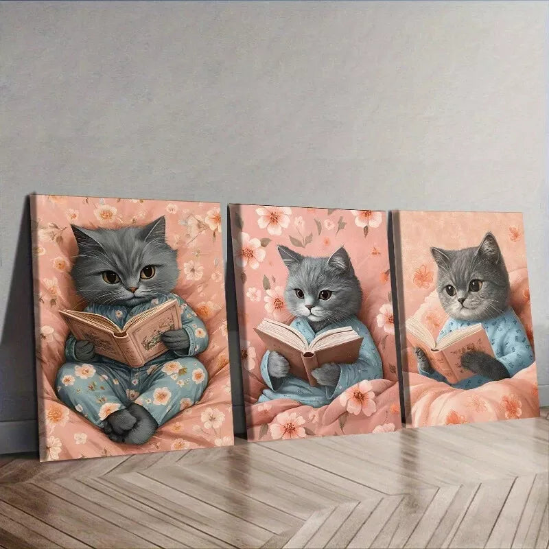 3pcs Featuring A Cat Reading  Wall Art Set Canvas Framed 40x60cm - High Quality Print 100% Australian Made Wall Canvas Ready to Hang