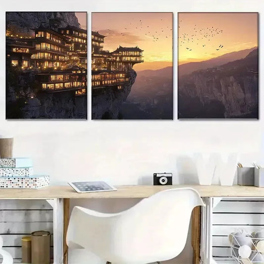 3pcss  Cliffside Pagoda - Style Building Wall Art Set Canvas Framed 40x60cm - High Quality Print 100% Australian Made Wall Canvas Ready to Hang