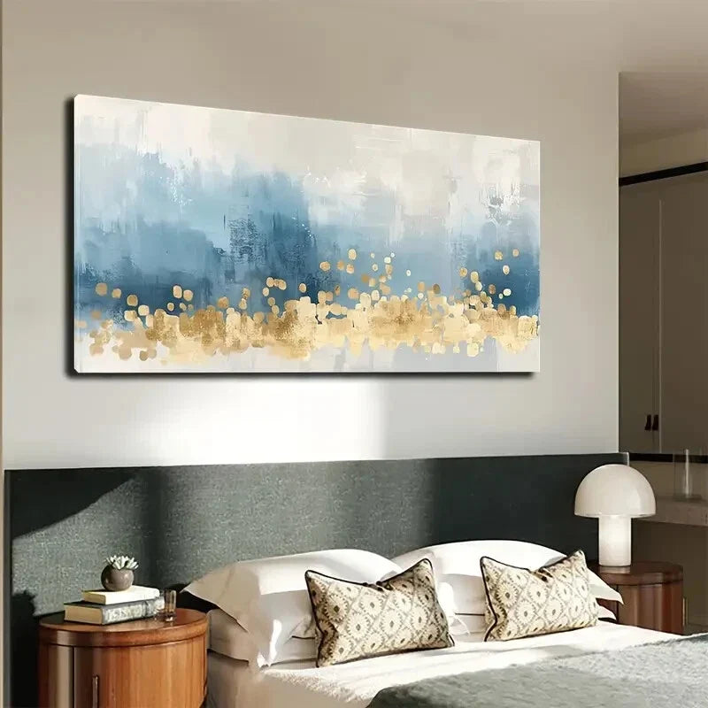 Blue & Golden Geometric Décor Wall Art Canvas Office Home Room Framed 120x60cm