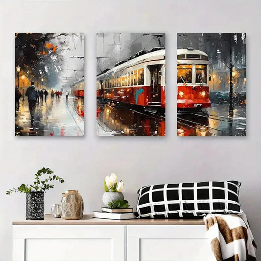 3pcs Colorful Urban Streetcar Painting Tram Metal Print Ready to Hang Art