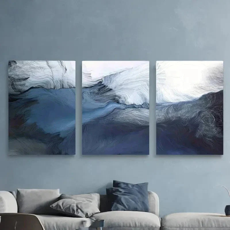 3pcs Abstract Navy Blue Block Farmhouse Metal Print Ready to Hang Art
