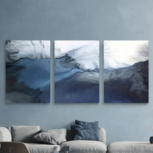 3pcs Abstract Navy Blue Block Farmhouse Metal Print Ready to Hang Art
