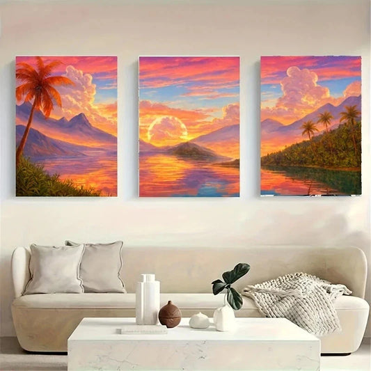 3pcs A Vibrant Sunset Over a Calm Lake Metal Print Ready to Hang Art