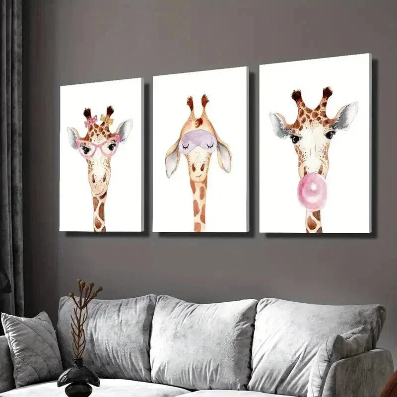3pcs Giraffe Wearing Glasses Blowing Bubbles Wall Art Set Canvas Framed 40x60cm - High Quality Print 100% Australian Made Wall Canvas Ready to Hang