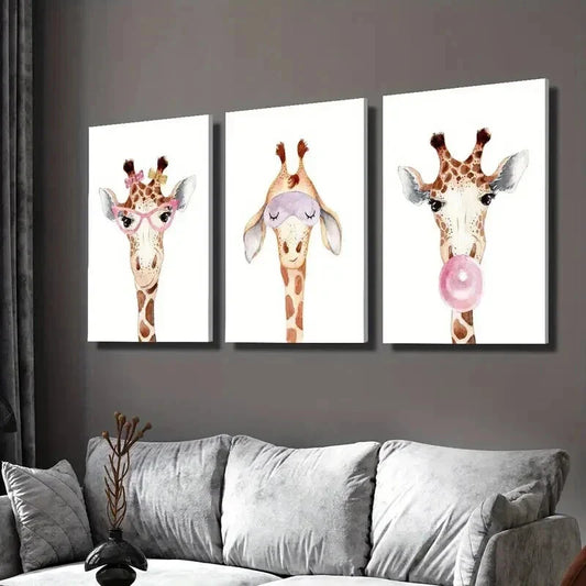 3pcs Giraffe Wearing Glasses Blowing Bubbles Wall Art Set Canvas Framed 40x60cm - High Quality Print 100% Australian Made Wall Canvas Ready to Hang