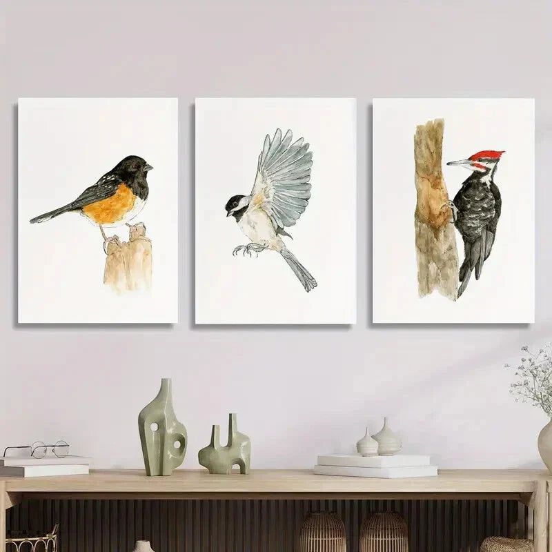 3pcs Spotted Thrush, Carolina Chickadee, Wood Metal Print Ready to Hang Art