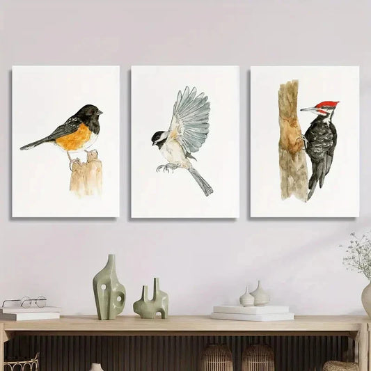 3pcs Spotted Thrush, Carolina Chickadee, Wood Metal Print Ready to Hang Art