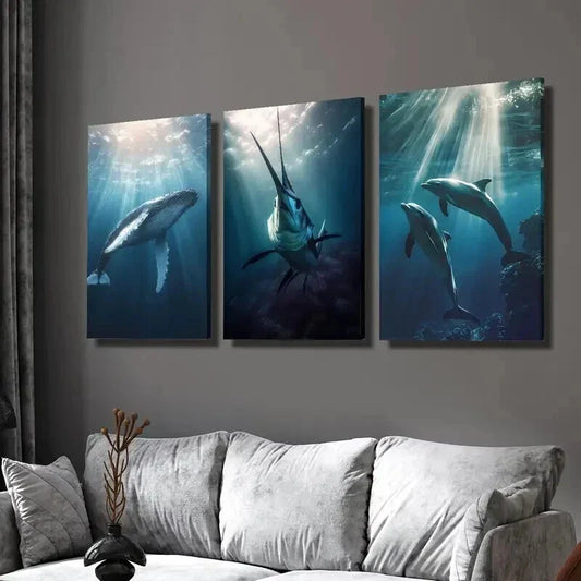 3pcs Diving Whale Swordfish & Dolphins Wall Art Set Canvas Framed 40x60cm - High Quality Print 100% Australian Made Wall Canvas Ready to Hang