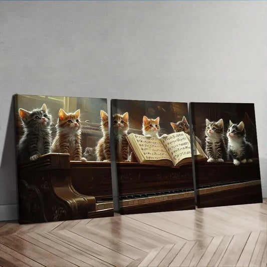 3pcs Featuring a Cat on a Piano   Wall Art Set Canvas Framed 40x60cm - High Quality Print 100% Australian Made Wall Canvas Ready to Hang