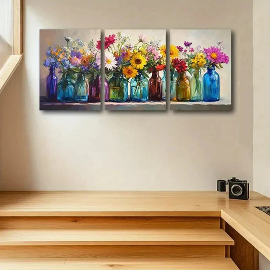 3pcs Wildflowers in Colorful Glass Design Metal Print Ready to Hang Art