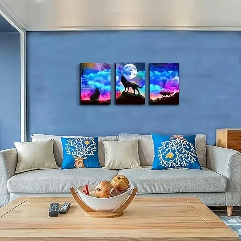 3pcs  Starry Sky Wolf Silhouette  Metal Print Ready to Hang Art