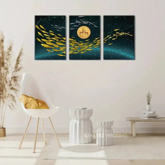 3pcs Golden fish, Golden sun, sika deer, Metal Print Ready to Hang Art