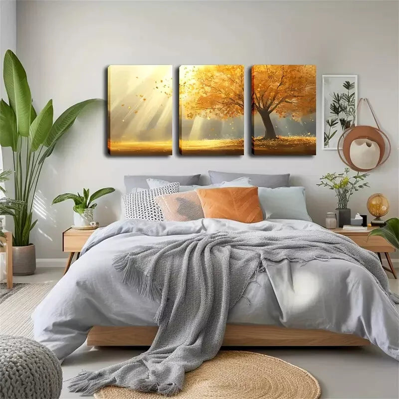 3pcs Stunning Artwork, Yellow Leaf Tree, Sun, Wall Art Set Canvas Framed 40x60cm - High Quality Print 100% Australian Made Wall Canvas Ready to Hang