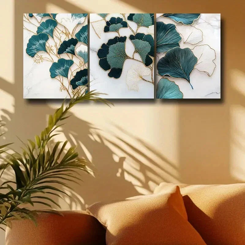 3pcs Ginkgo Biloba Teal & Golden Leaf Design Metal Print Ready to Hang Art