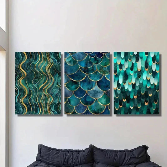 3pcs Golden and Cyan Swirl Design, Metal Print Ready to Hang Art
