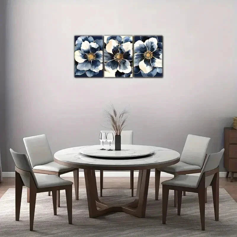 3pcs Botanical Print Navy Blue Floral Wall Decor Metal Print Ready to Hang Art