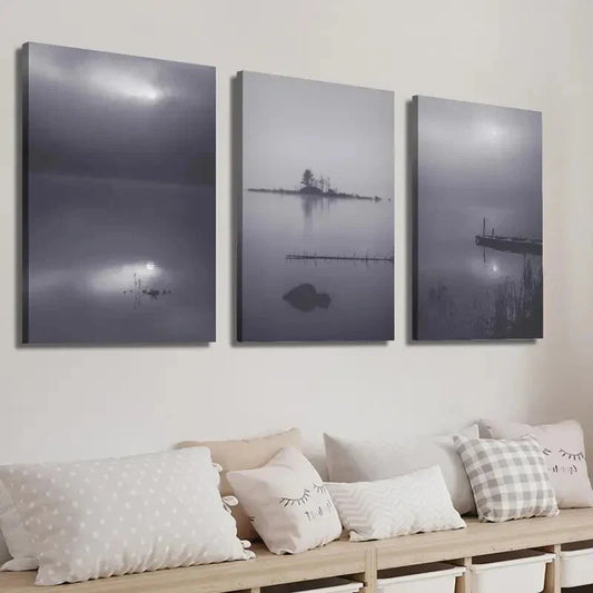 3pcs Modern Foggy Lake Misty Landscape Decor Wall Art Set Canvas Framed 40x60cm - High Quality Print 100% Australian Made Wall Canvas Ready to Hang