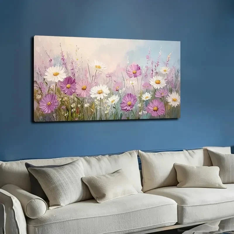 Vibrant Floral Scene with White Wall Art Canvas Office Home Room Framed 120x60cm