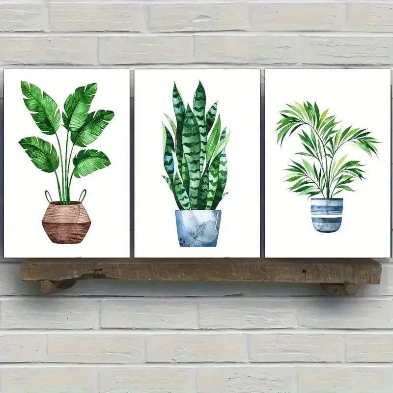 3pcs Botanical Art Potted Plant Poster Dormitory Metal Print Ready to Hang Art
