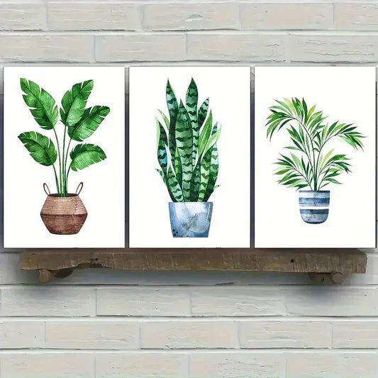 3pcs Botanical Art Potted Plant Poster Dormitory Metal Print Ready to Hang Art