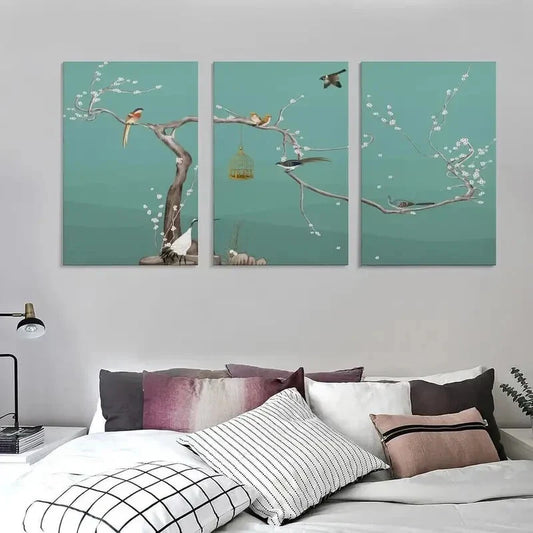 3pcs Vintage Chinese Bird White Floral Metal Print Ready to Hang Art
