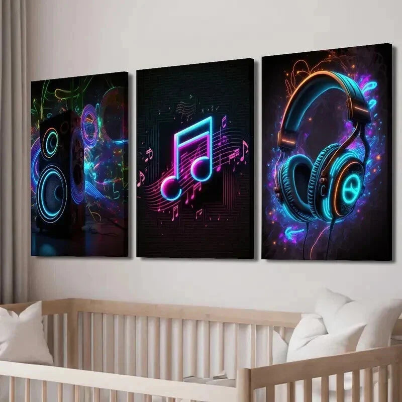3pcs Neon Creative Audio Headphones Note Wall Art Set Canvas Framed 40x60cm - High Quality Print 100% Australian Made Wall Canvas Ready to Hang