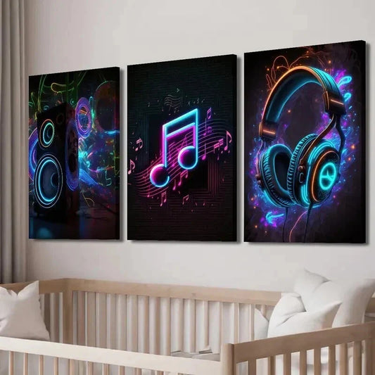 3pcs Neon Creative Audio Headphones Note Wall Art Set Canvas Framed 40x60cm - High Quality Print 100% Australian Made Wall Canvas Ready to Hang