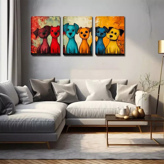 3pcs Vibrant Cartoon Dog Trio   Wall Art Set Canvas Framed 40x60cm - High Quality Print 100% Australian Made Wall Canvas Ready to Hang