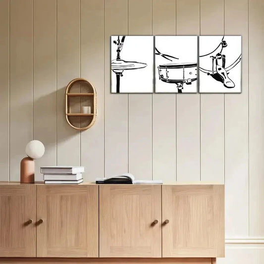 3pcs Black and White Drum Music Room Medieval Metal Print Ready to Hang Art