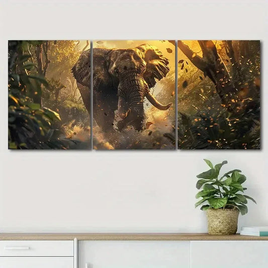 3pcs Majestic Elephant Golden Sunlight Perfect Wall Art Set Canvas Framed 40x60cm - High Quality Print 100% Australian Made Wall Canvas Ready to Hang