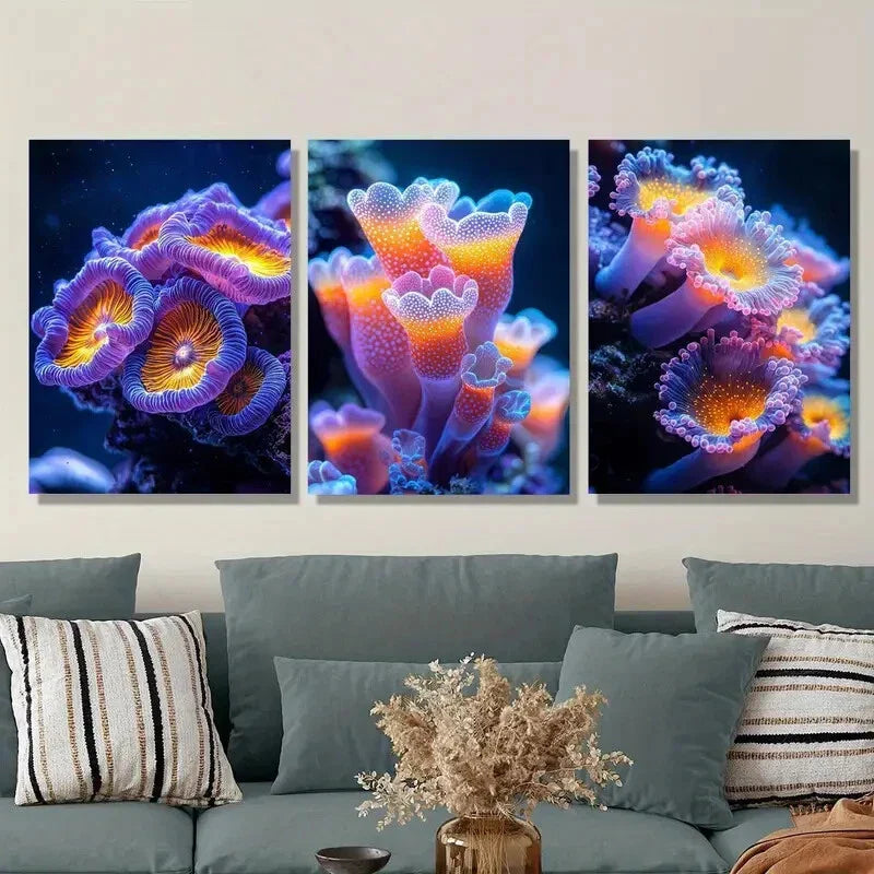 3pcs Colorful sea anemones, fantastic sea plant ,Metal Print Ready to Hang Art