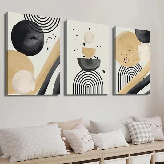 3pcs Black and Beige Modern Geometric Shapes Wall Art Set Canvas Framed 40x60cm - High Quality Print 100% Australian Made Wall Canvas Ready to Hang