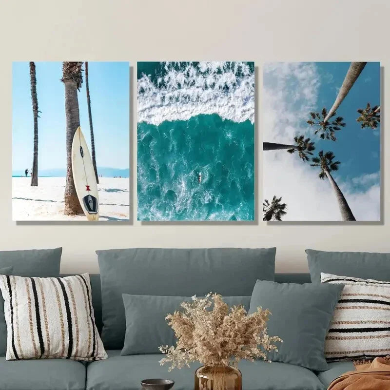 3pcs Surfing Seaside Palm Trees Metal Print Ready to Hang Art