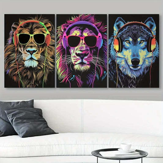 3pcs Fashionable Animal Wearing Sunglass Metal Print Ready to Hang Art