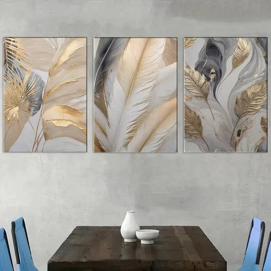 3pcs Golden Feather Art Landscape Paintings Metal Print Ready to Hang Art
